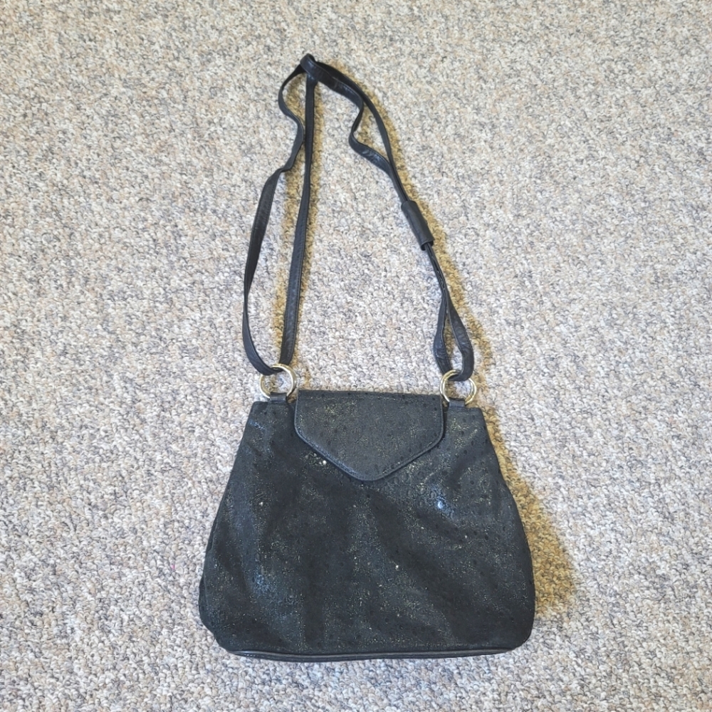Vintage Due Fratelli Leather Black Shimmer Shoulder Bag